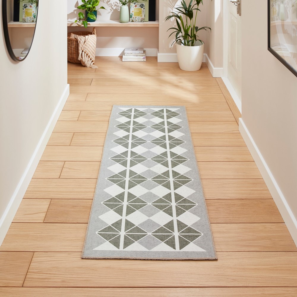 Victoria H1184 Modern Geometric Washable Runner Rugs in Grey Green